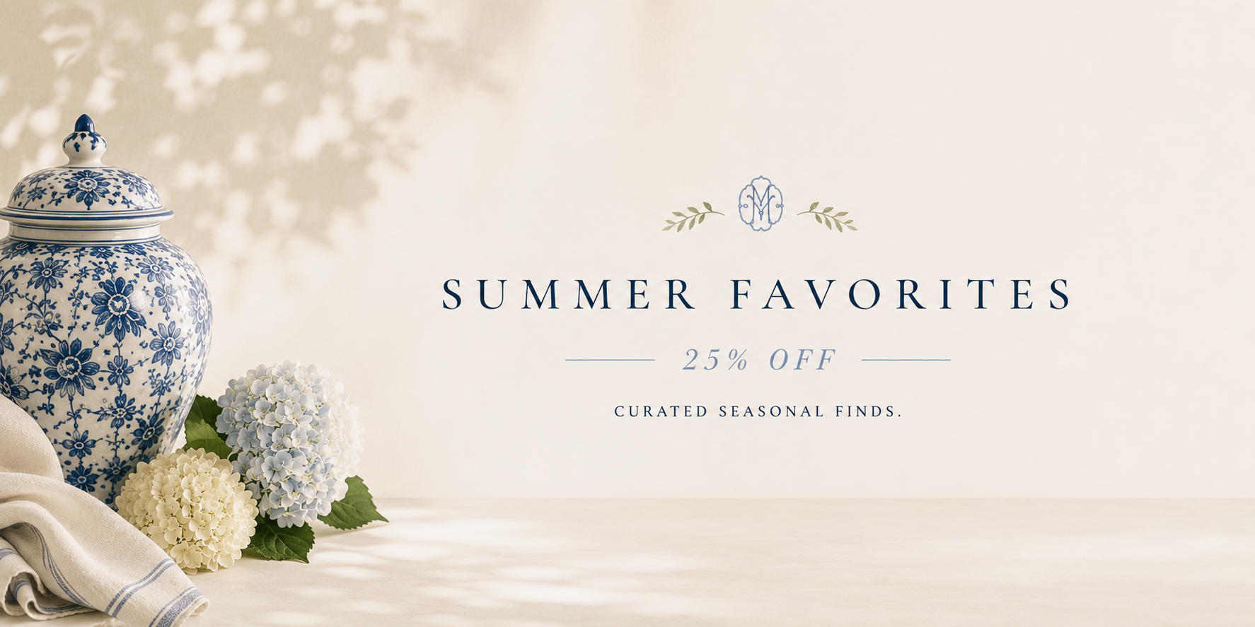Summer Favorites sale collection at Oh, Meredith featuring blue and white home décor, luxury candles, jewelry, entertaining essentials, books, floral arrangements, and seasonal boutique gifts at 25% off.