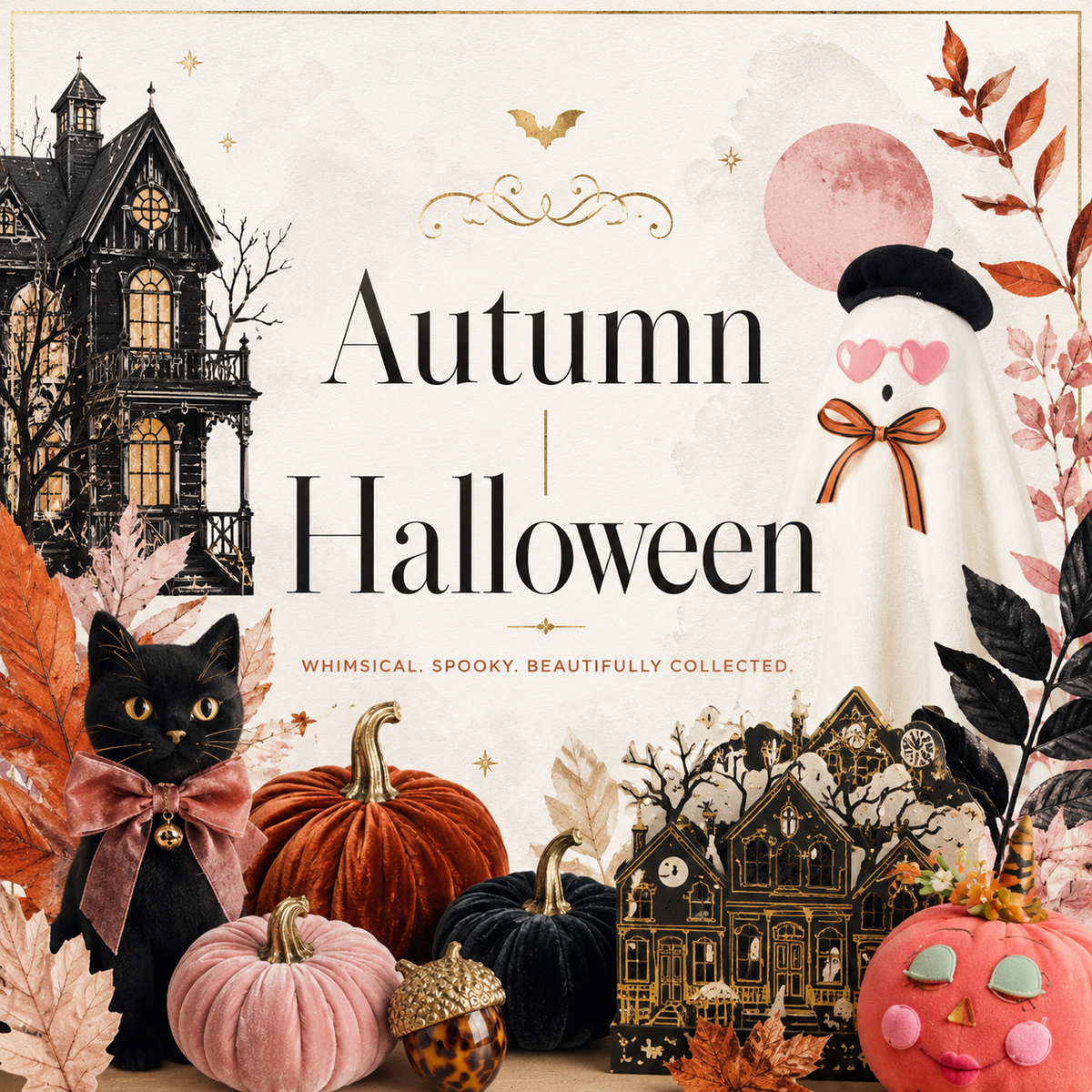 Autumn and Halloween collection graphic featuring a whimsical haunted house, chic ghost, black cat, velvet pumpkins, autumn leaves, and gold accents in an elevated seasonal collage.