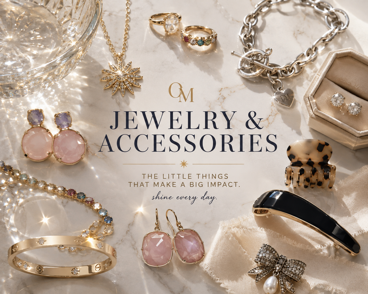 Luxury jewelry and accessories collection graphic featuring sparkling necklaces, bracelets, rings, earrings, crystal accents, hair clips, and polished gold and silver pieces arranged on a soft marble background.