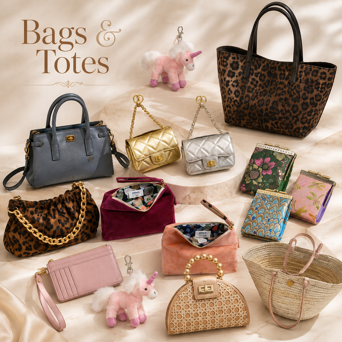 Curated women’s bags and totes featuring handbags, leopard totes, mini bags, wallets, pouches, and straw styles.