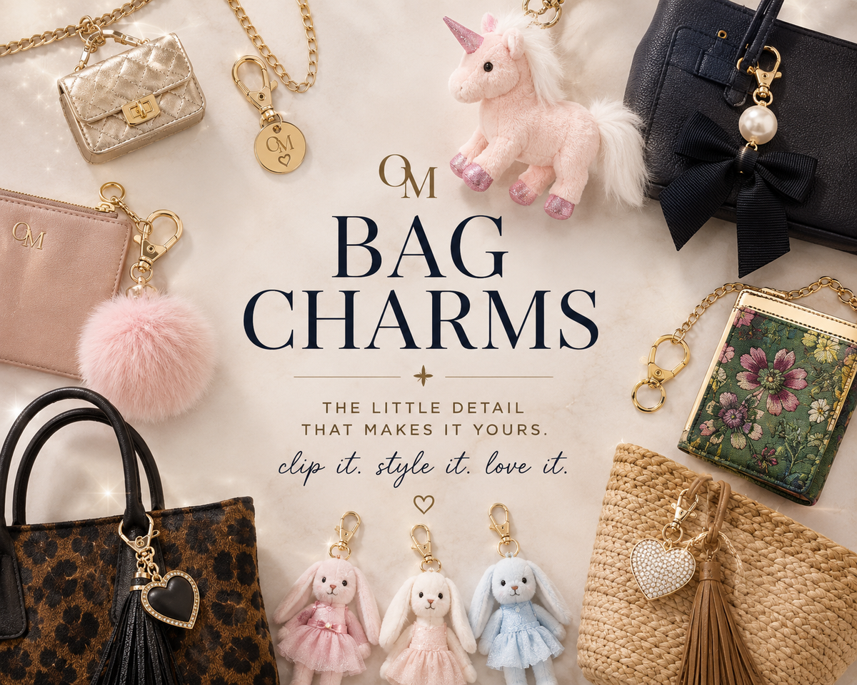 Curated bag charms featuring plush bunnies, a unicorn, quilted mini bag, floral charm, leopard accents, and gold hardware styled on handbags and totes.