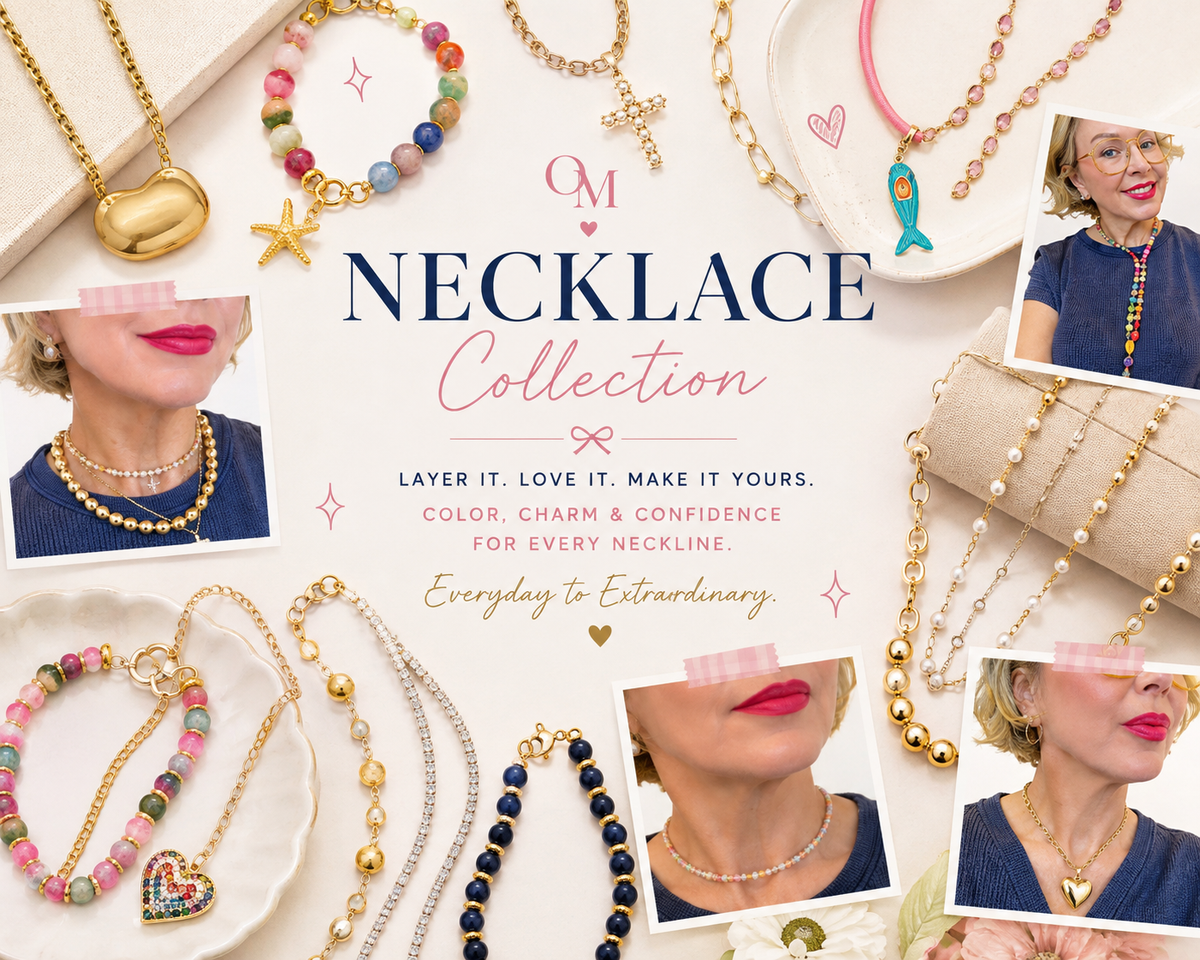 Curated necklace collection featuring colorful beaded necklaces, pearls, gold chains, pendants, crystals, charms, and layered statement styles.