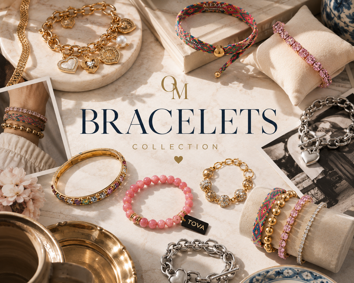 Curated bracelet collection featuring gold and silver chains, colorful woven bracelets, crystal tennis styles, pink gemstone bracelets, charm bracelets, and stacked jewelry.