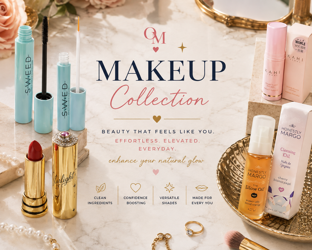 Curated makeup collection graphic featuring luxury beauty products including mascara, lip color, and beauty essentials in a polished editorial flat lay.