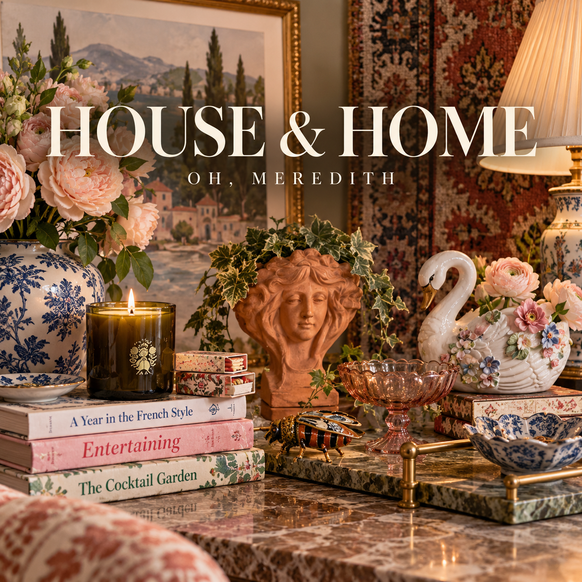 Oh, Meredith House & Home collection graphic featuring decorative books, candle, chinoiserie vase, floral arrangement, swan planter, vintage-style bowl, tray, sculptural planter, and layered home accents.