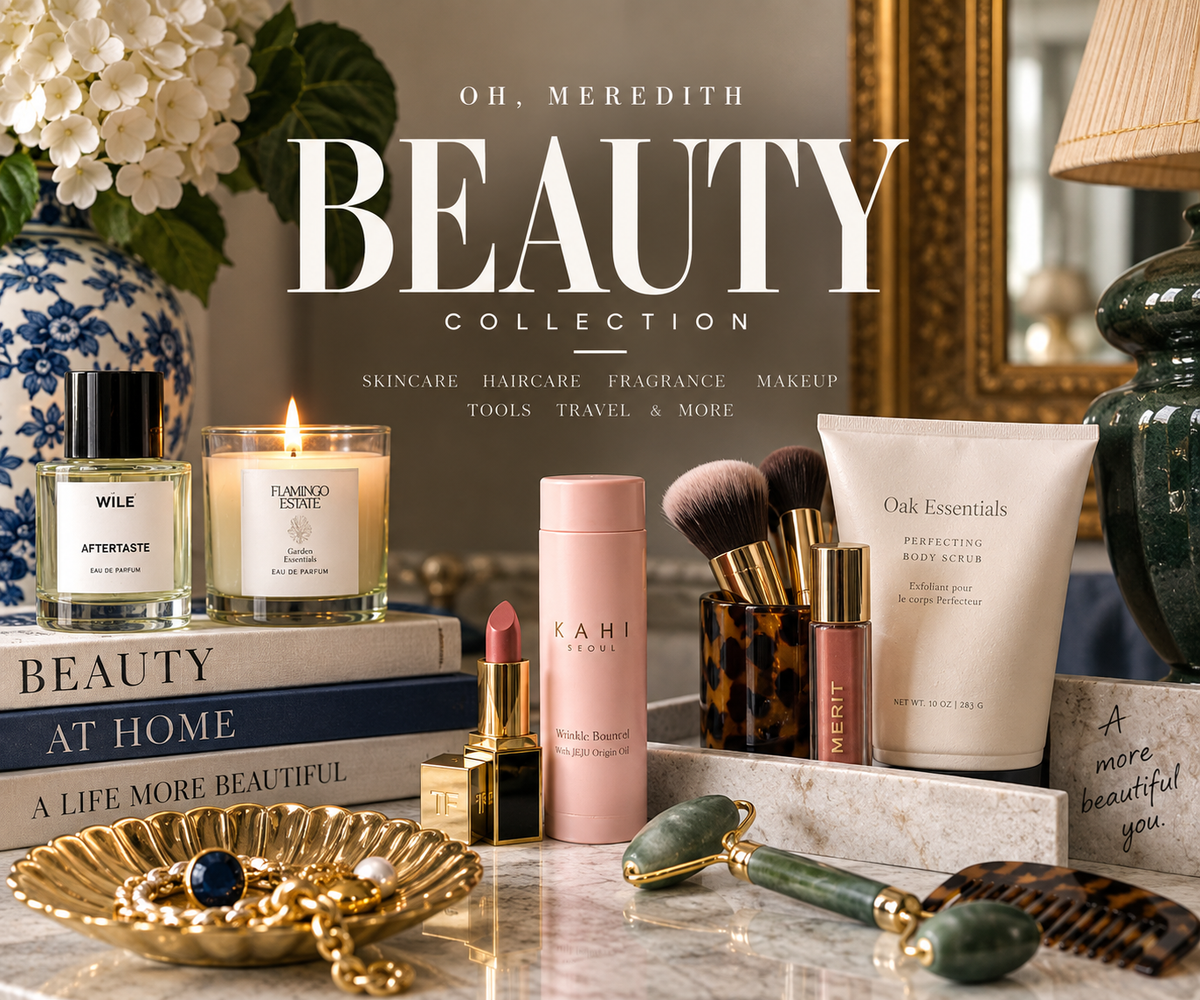 Oh, Meredith QUDO jewelry collection graphic featuring interchangeable rings, crystal toppers, bracelets, colorful stones, gold jewelry, peonies, and elegant tabletop styling.