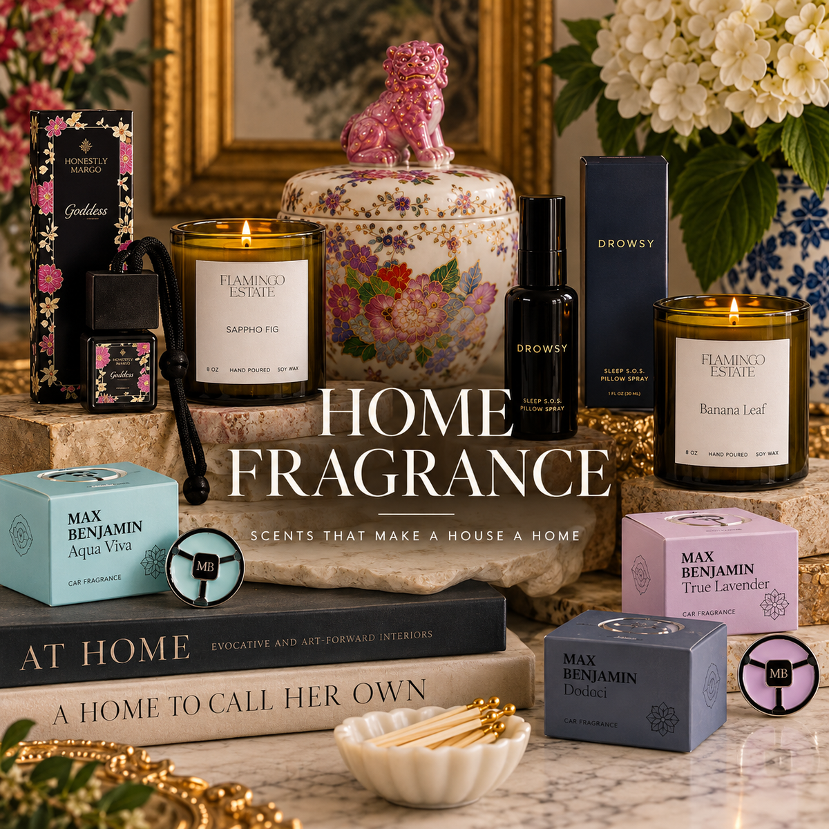Oh, Meredith Home Fragrance collection graphic featuring luxury candles, pillow spray, car fragrances, and decorative scent products styled in an elegant editorial tabletop scene.
