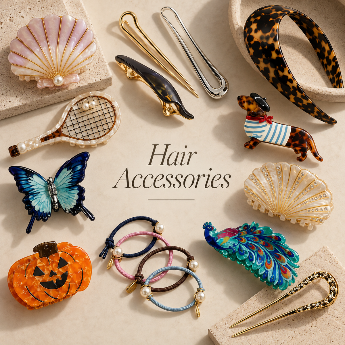 Oh, Meredith Hair Accessories collection featuring statement claw clips, headbands, chignon pins, and stylish everyday hair accessories.