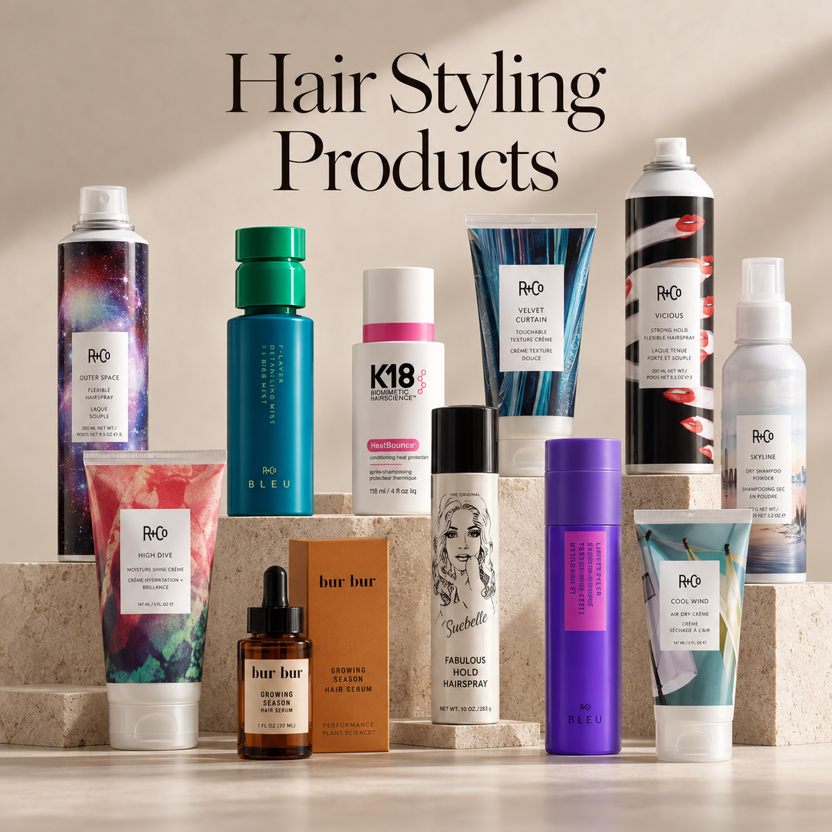 Editorial graphic for Oh, Meredith Hair Styling Products featuring a curated mix of styling sprays, texture products, dry shampoos, heat protectants, and finishing essentials.