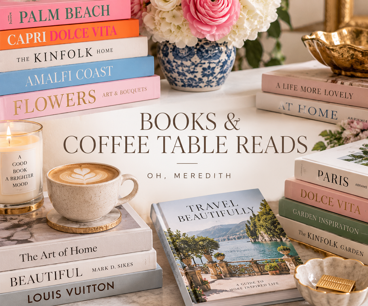 Books & Coffee Table Reads collection graphic featuring a curated stack of fashion, interiors, entertaining, and design books in an editorial layout.