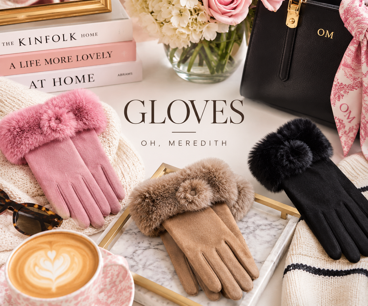 Stylish flat lay of women’s gloves in pink, taupe, and black for the Oh, Meredith Gloves Collection.