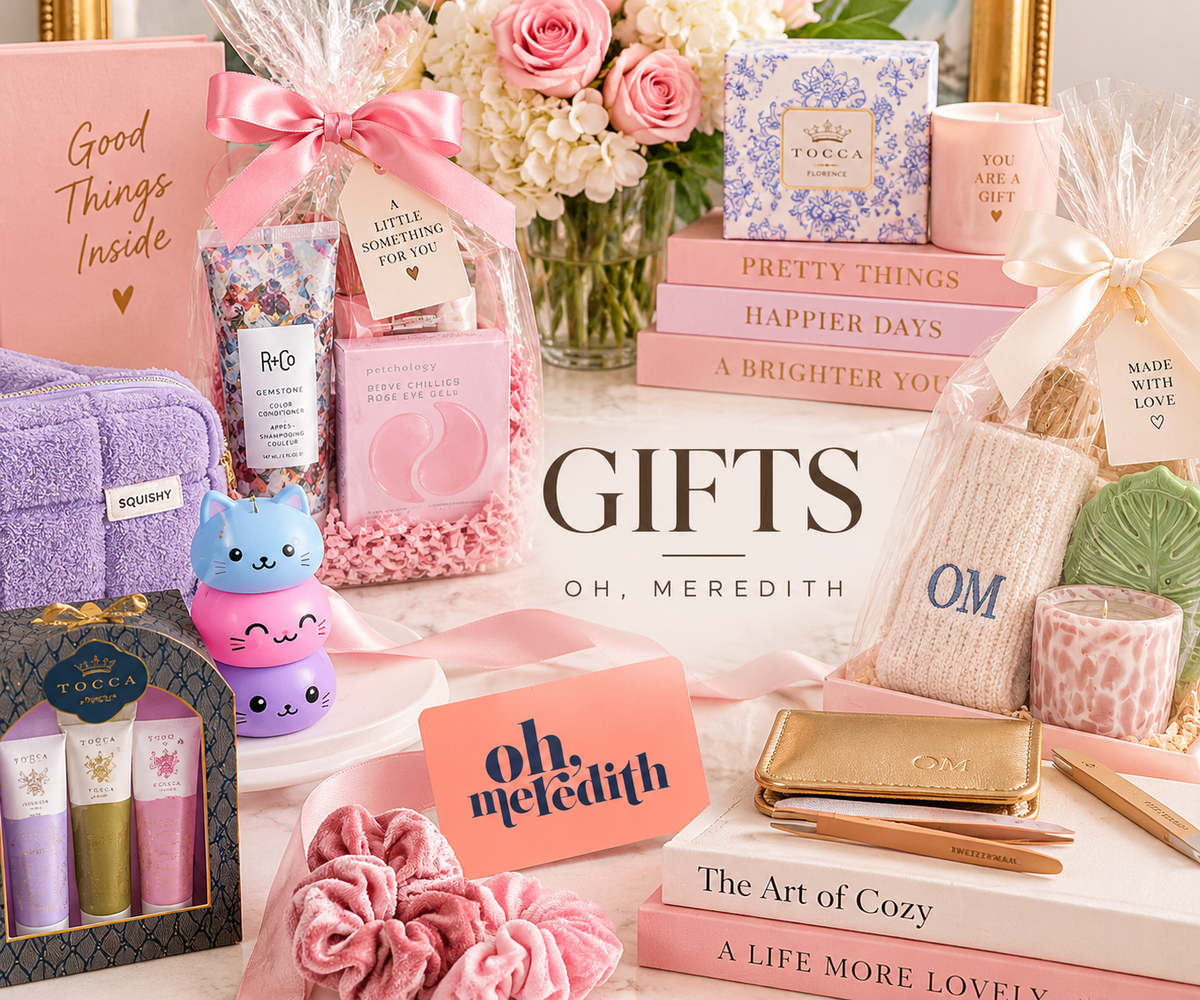 Curated gift collection graphic featuring beauty treats, travel accessories, candles, and ready-to-gift finds from Oh, Meredith.