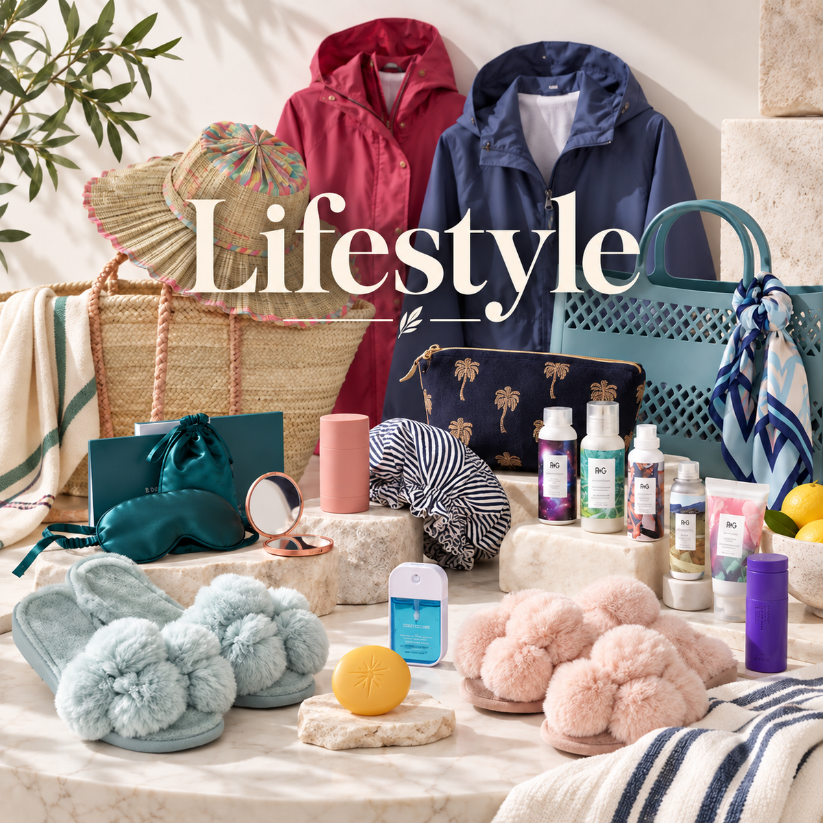 Oh, Meredith Lifestyle collection featuring travel essentials, beauty products, haircare, cozy accessories, slippers, bags, and everyday lifestyle favorites.