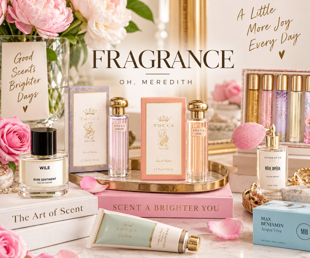 Oh, Meredith Fragrance collection featuring luxury perfume, eau de parfum, travel sprays, and scented beauty essentials.