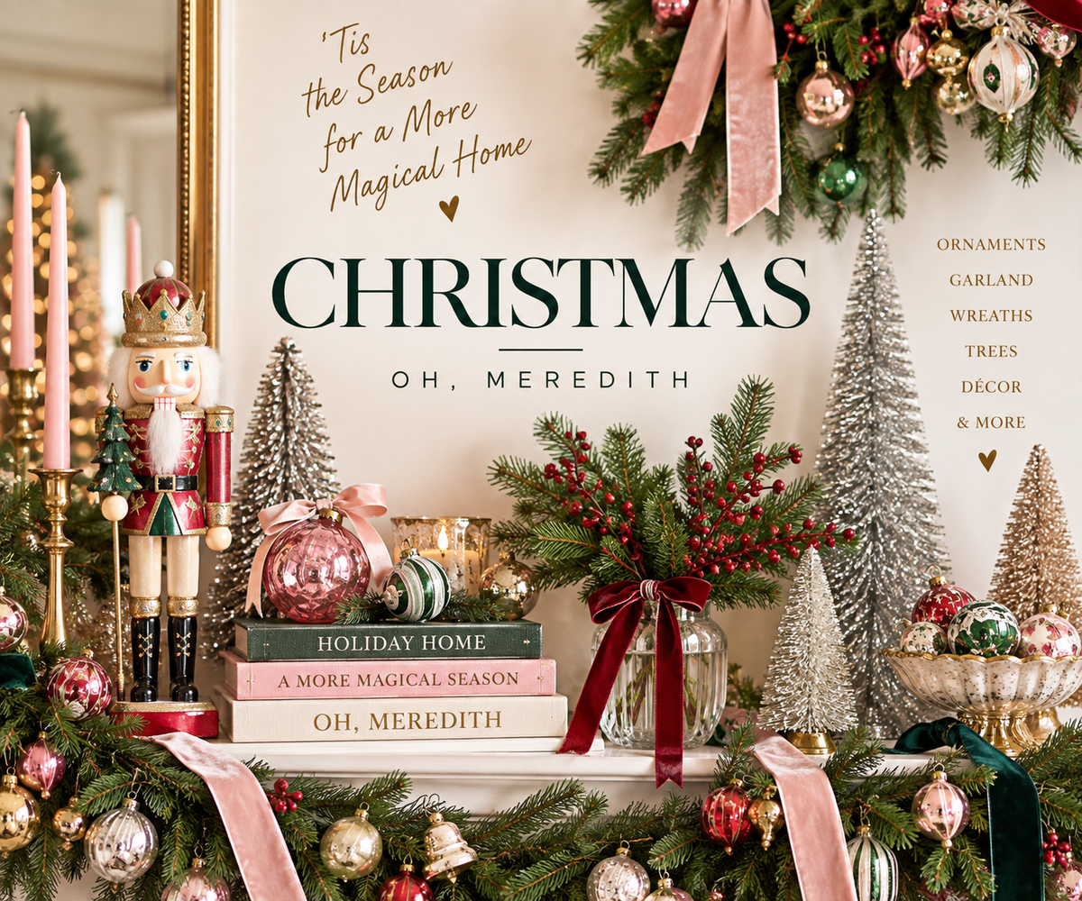 Christmas collection graphic featuring silver tinsel trees, festive ornaments, garland, wreaths, and collected holiday decor from Oh, Meredith.