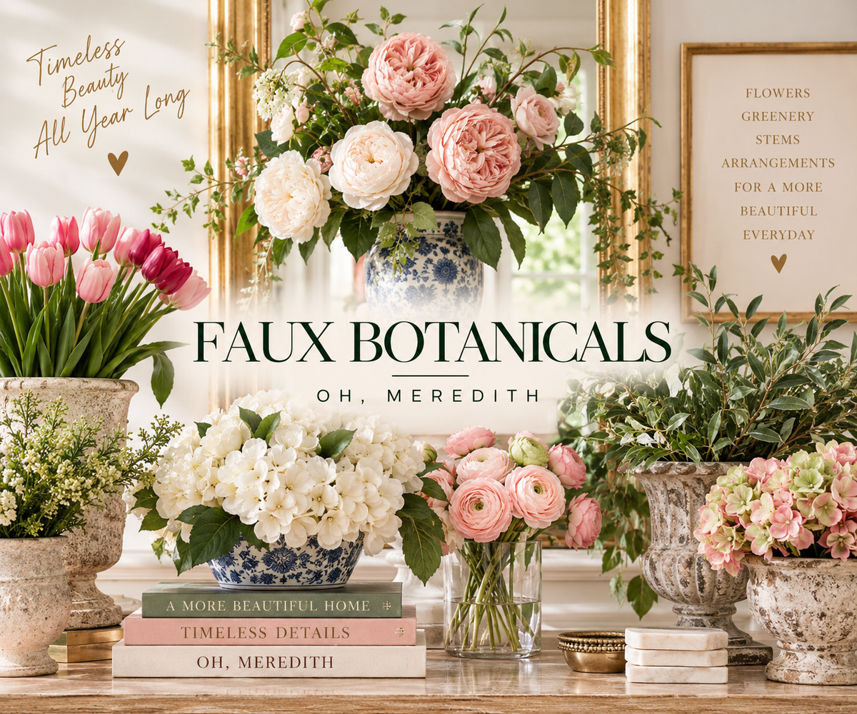 Faux Botanical collection graphic featuring lifelike faux flowers, tulips, roses, ranunculus, lavender, and greenery styled in an airy editorial flat lay.