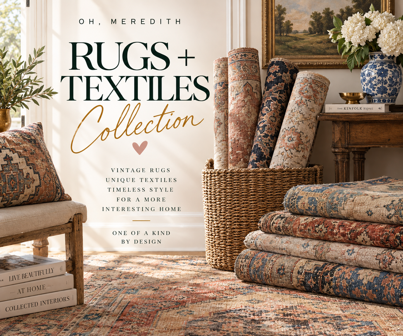 Oh, Meredith Rugs + Textiles collection featuring vintage Turkish rugs, Persian runners, and layered woven home textiles.