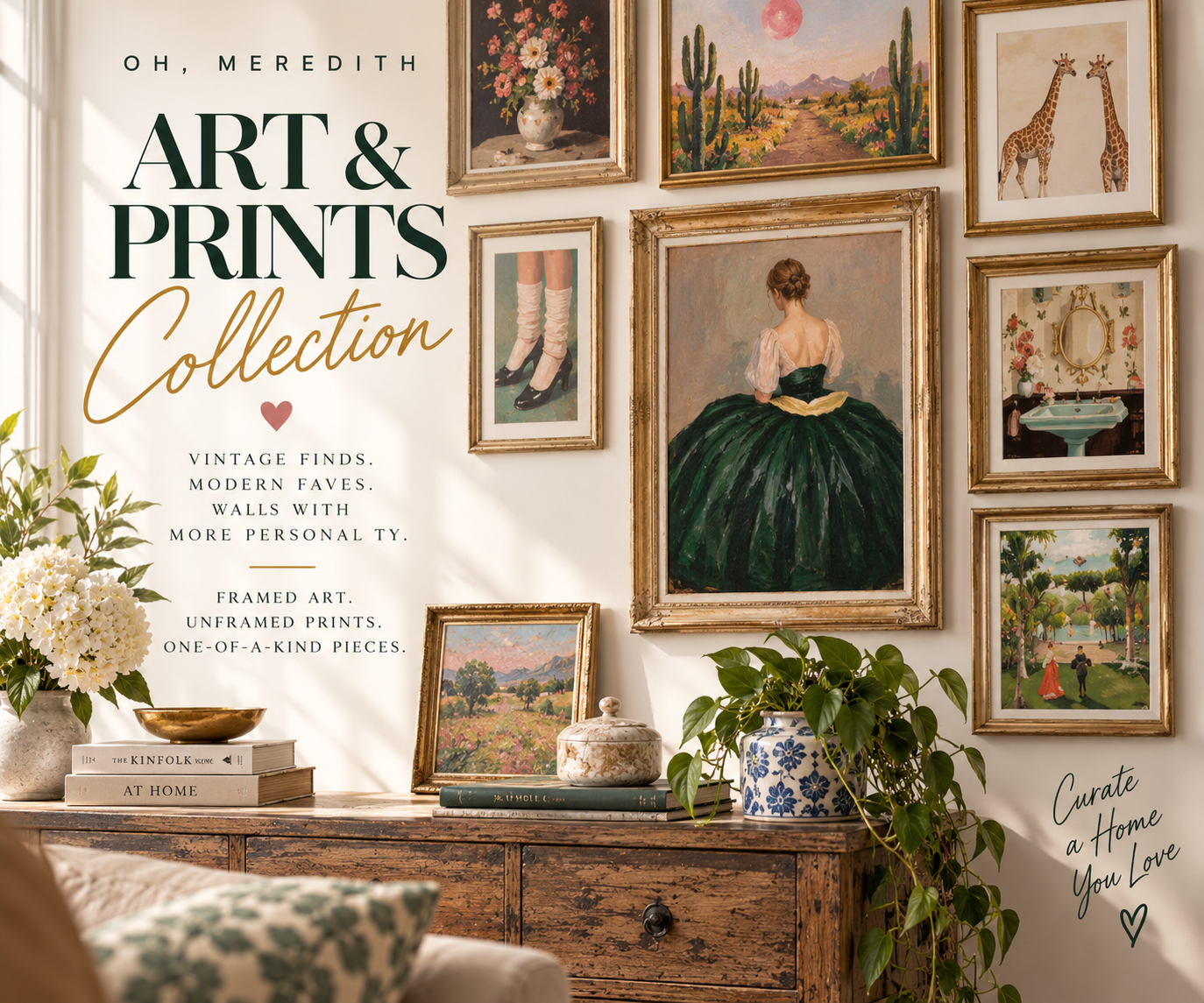 Oh, Meredith Art & Prints collection featuring framed art, vintage-inspired prints, whimsical wall decor, and gallery wall pieces.