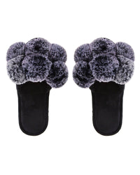 MeMoi Luxe Pompom Open Toe Plush Slippers Black