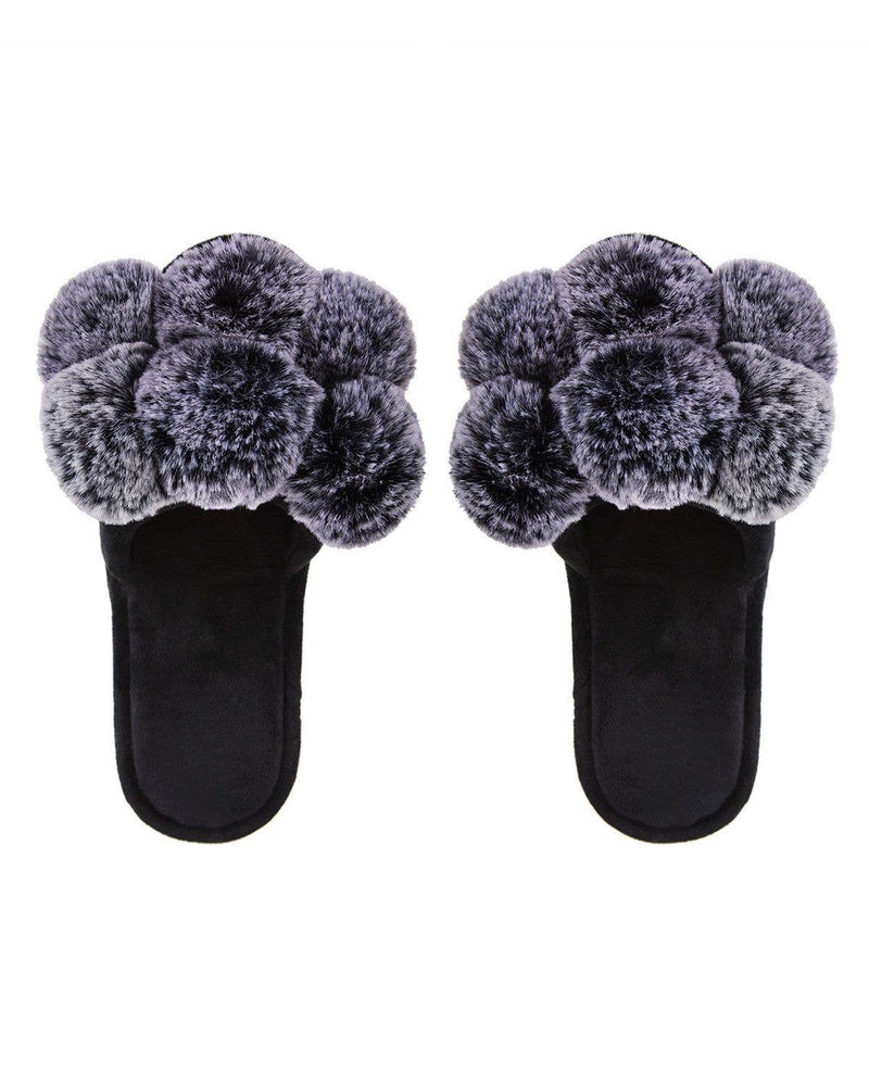 MeMoi Luxe Pompom Open Toe Plush Slippers Black