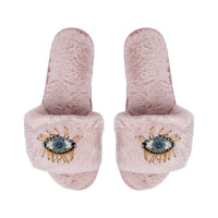 BEADED EVIL EYE SLIPPERS: Pink