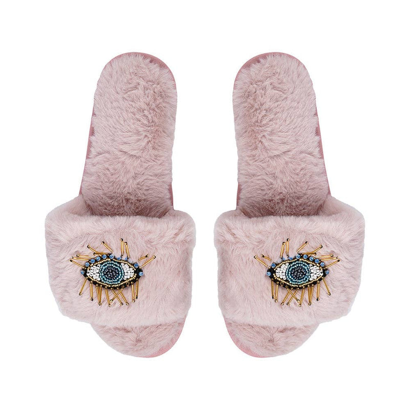 BEADED EVIL EYE SLIPPERS: Pink