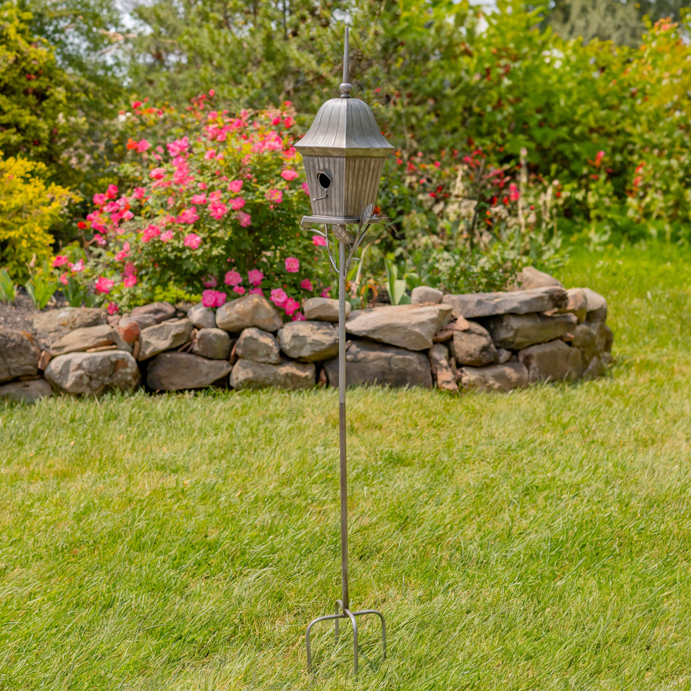 65.5" Tall Iron Birdhouse Stake "Riga"- 2 Color Options: Silver