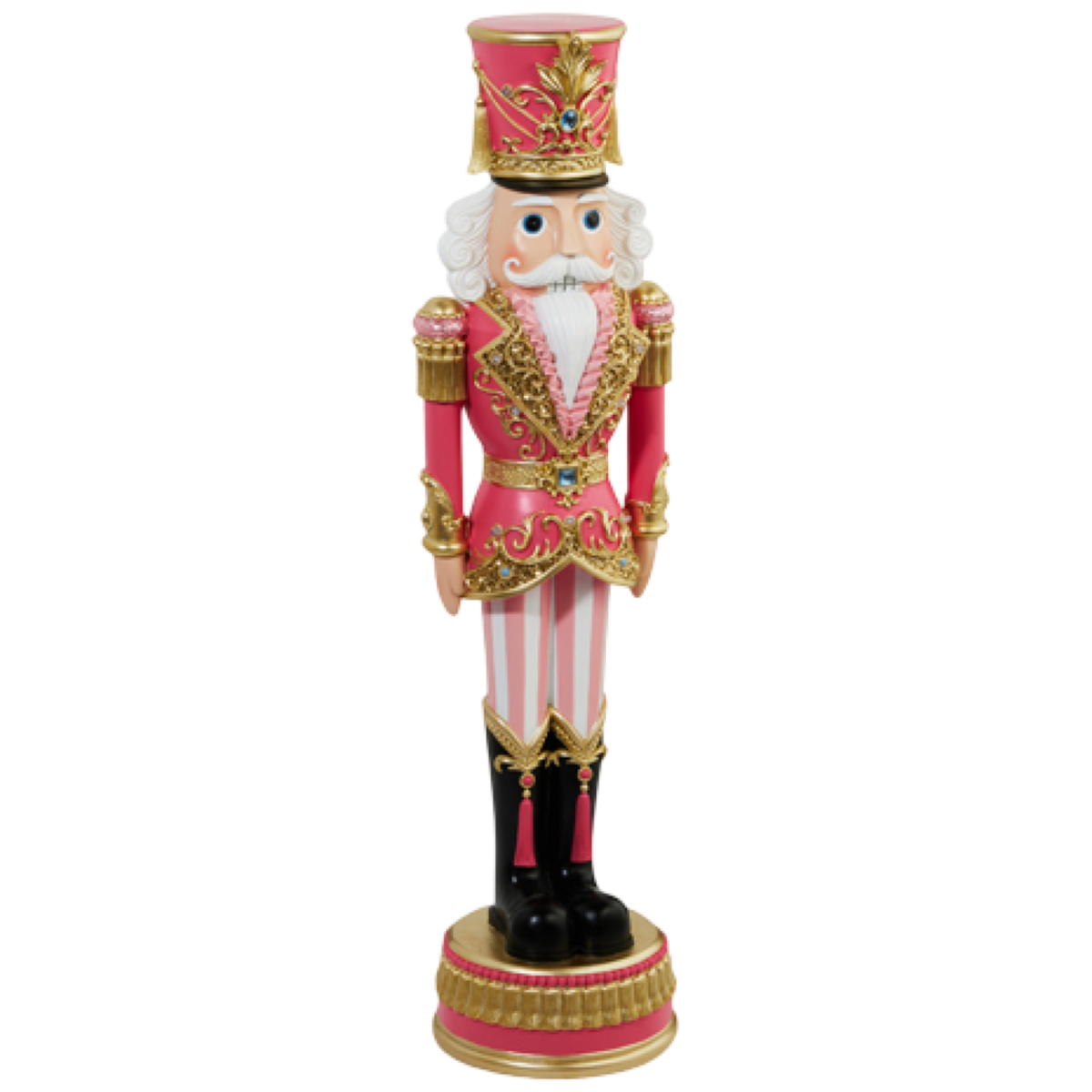 Decorative nutcracker figurine with pink and gold attire on a white background