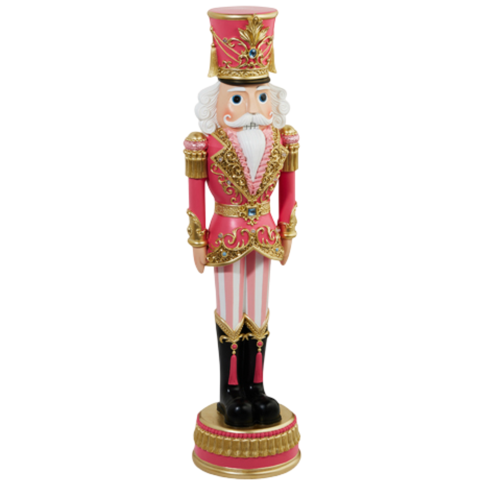 Decorative nutcracker figurine with pink and gold attire on a white background