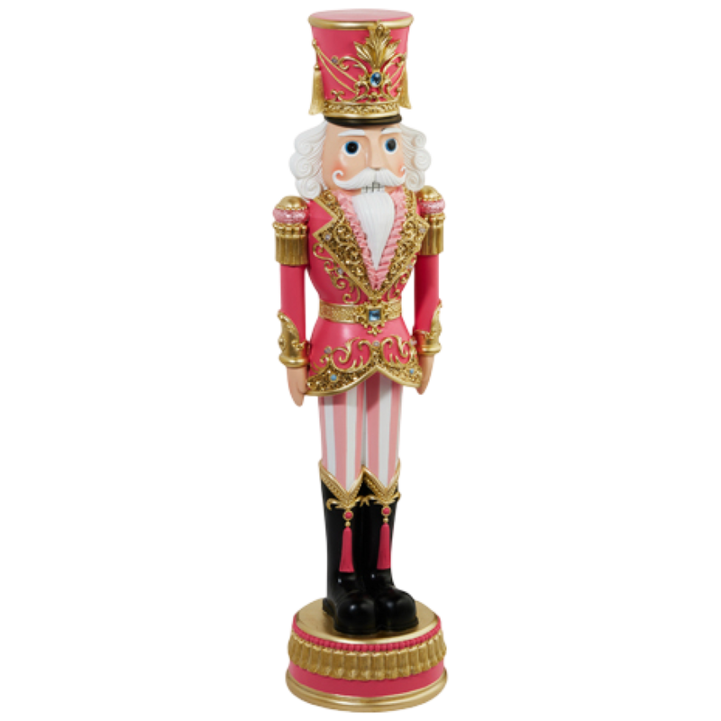 Decorative nutcracker figurine with pink and gold attire on a white background