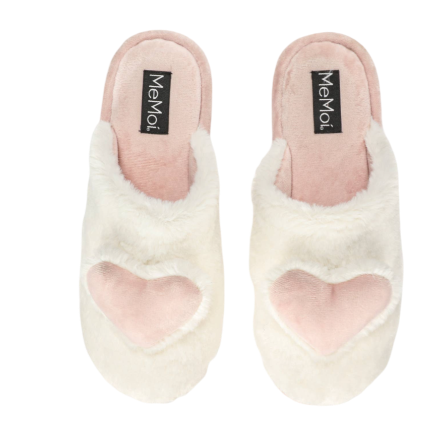 3d plush heart slippers ivory and pink 