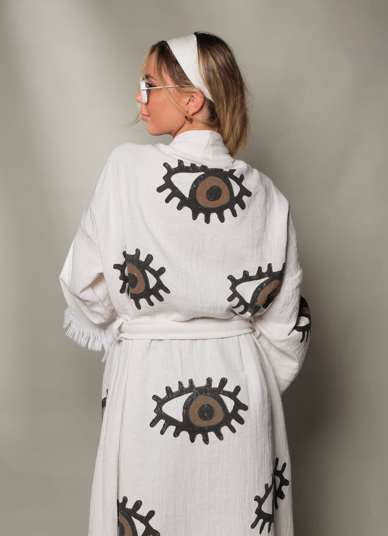 Brown Evil Eye Long Kaftan Kimono