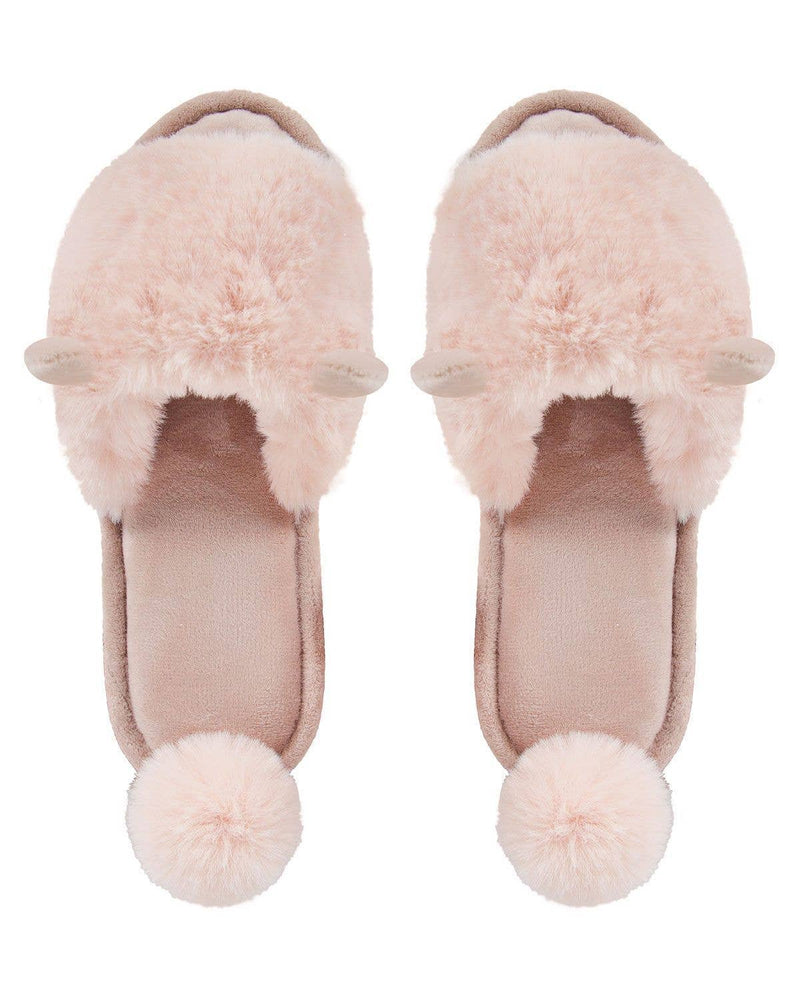 MeMoi Bunny Hop Pompom Open Toe Plush Slippers Blush