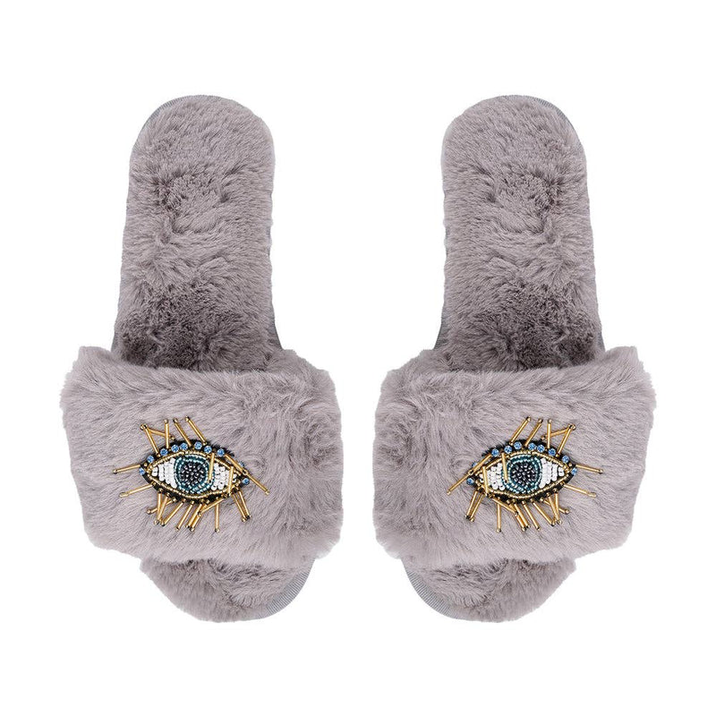 BEADED EVIL EYE SLIPPERS: Grey