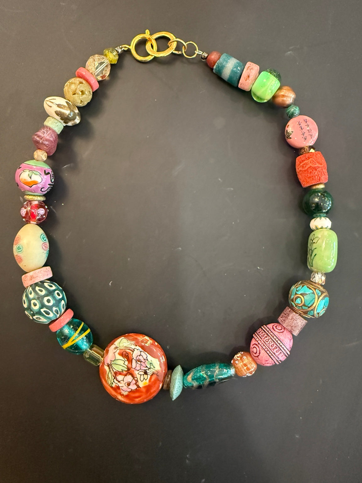 One-of-a-Kind Artisan Beaded Statement Necklace | Hand-Painted Porcelain & Mixed Beads