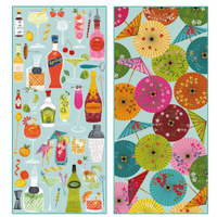 Two decorative mats, one with cocktail-themed illustrations and the other with colorful umbrellas.
