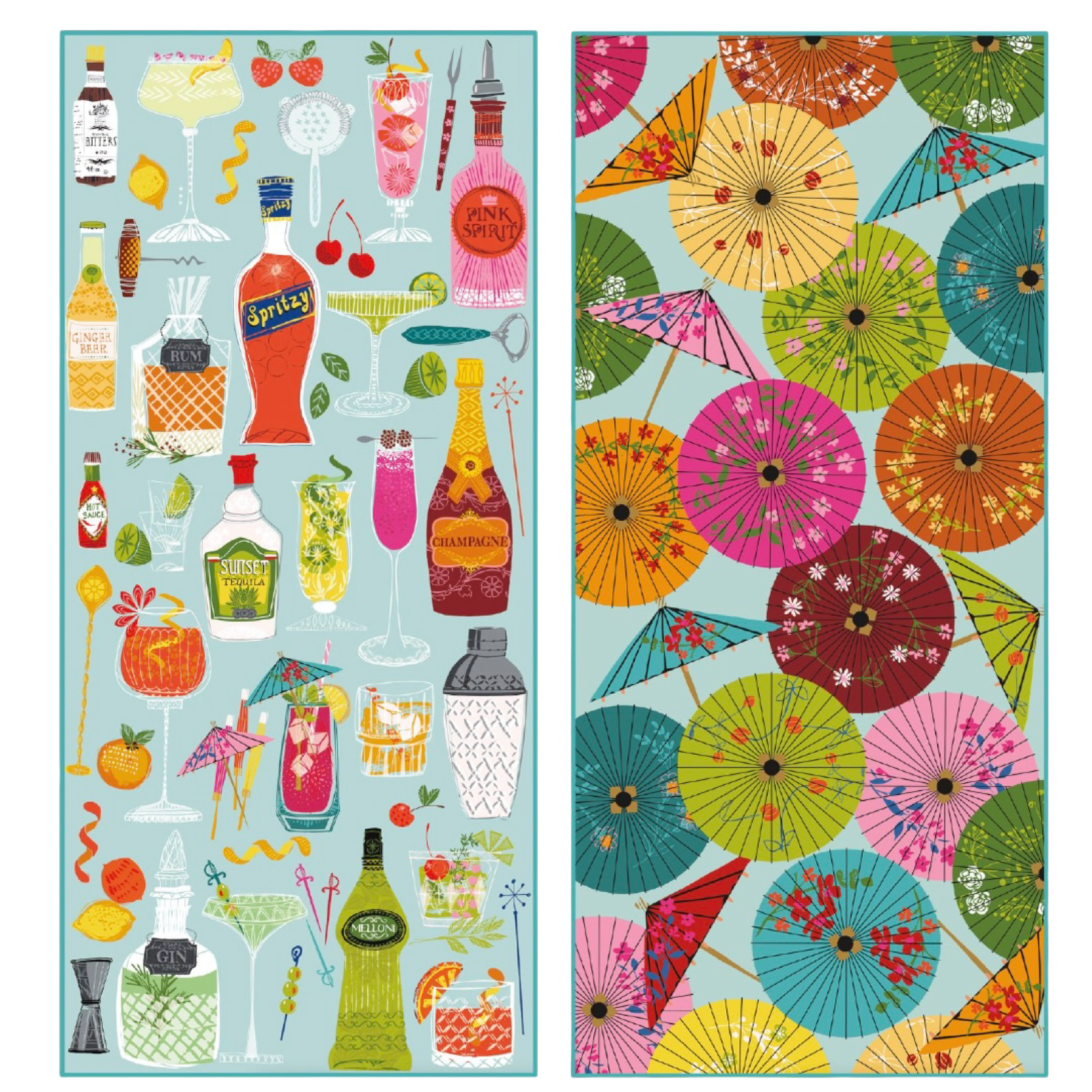Two decorative mats, one with cocktail-themed illustrations and the other with colorful umbrellas.