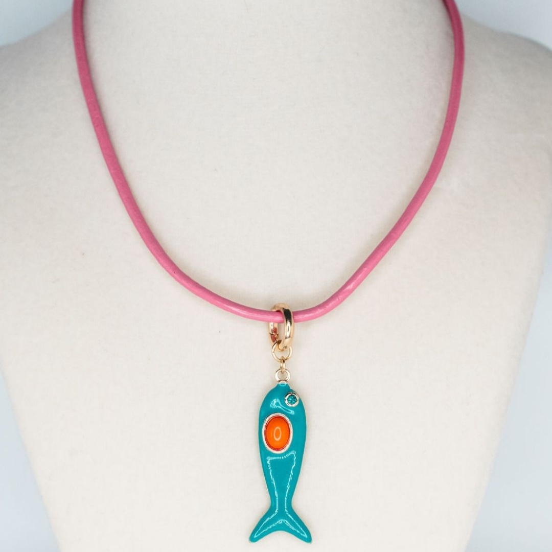 Blue Enamel Fish Leather Necklace – Pink Cord, Gold-Plated Coastal Charm