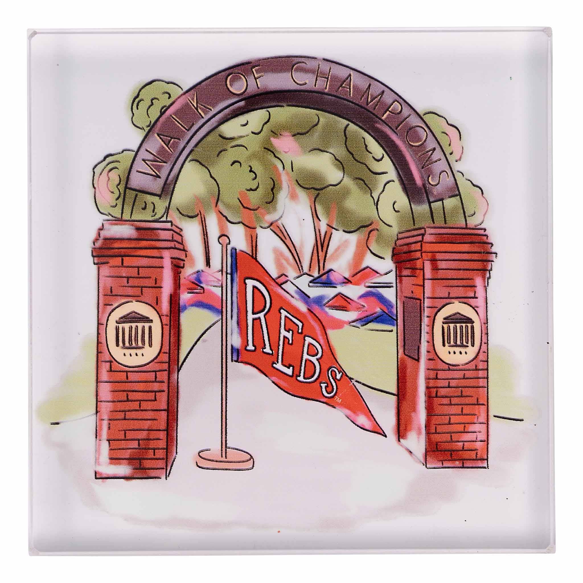 Decorative tile with 'Walk of Champions' arch and 'REBS' banner design.