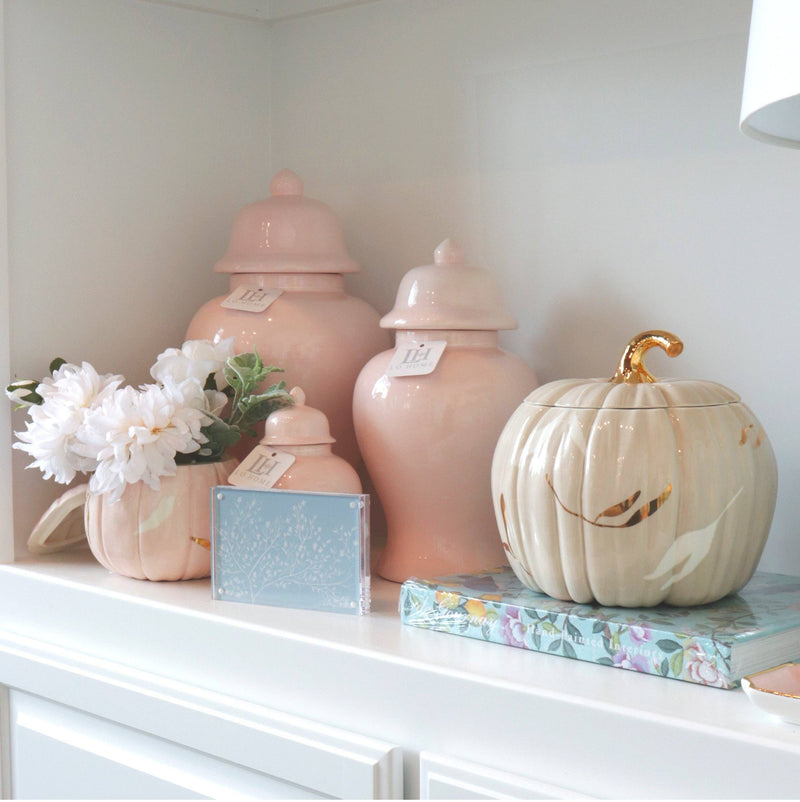 Layered Leaves Medium Pumpkin Jars with 22K Gold Accents in Beige