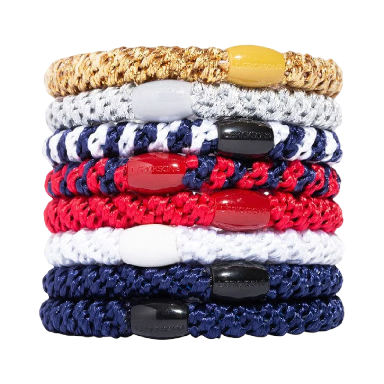 Stack of colorful braided bracelets with button closures on a white background