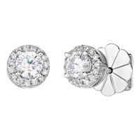 Anna Zuckerman Hello Halo stud earrings featuring round White Diamond Crystalline center stones with sparkling halo settings in platinum-finished sterling silver.