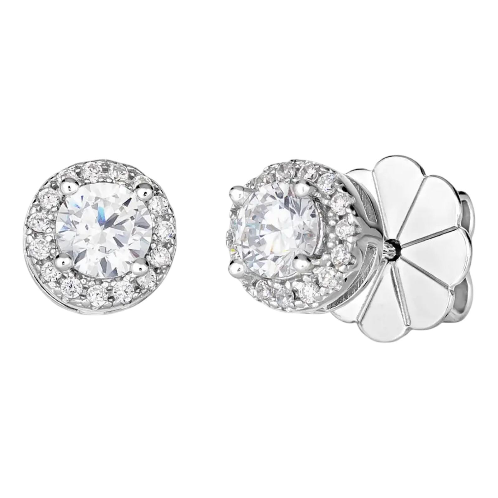 Anna Zuckerman Hello Halo stud earrings featuring round White Diamond Crystalline center stones with sparkling halo settings in platinum-finished sterling silver.