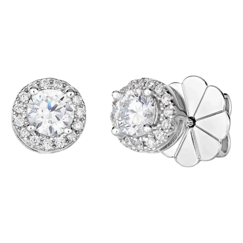 Anna Zuckerman Hello Halo stud earrings featuring round White Diamond Crystalline center stones with sparkling halo settings in platinum-finished sterling silver.