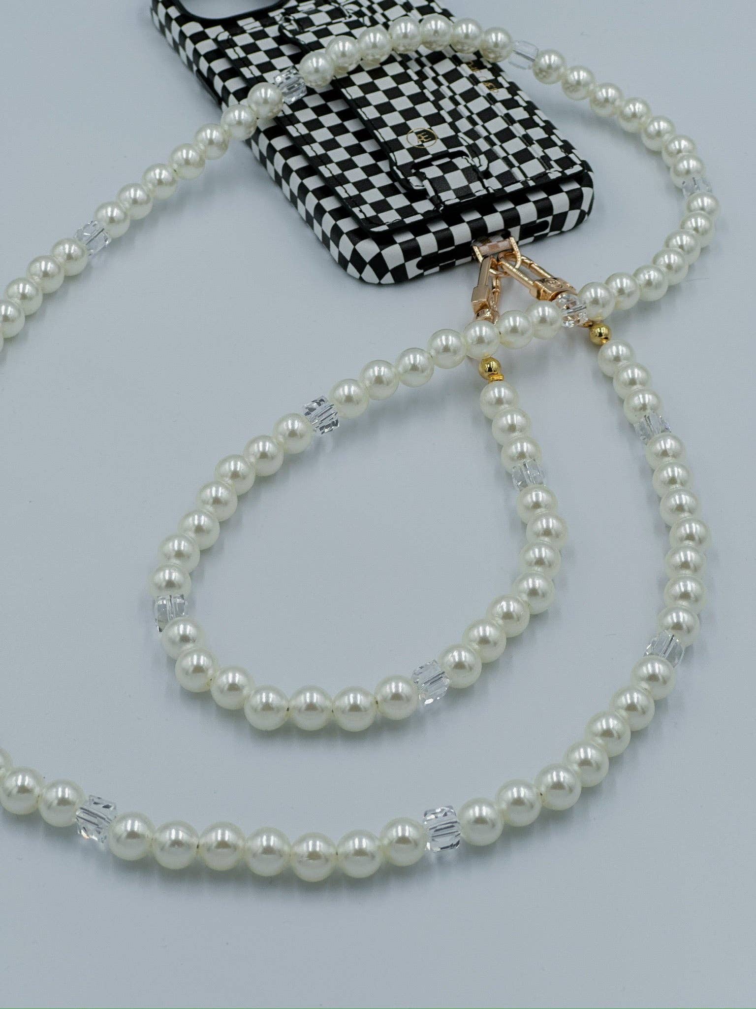 Audrey crossbody strap, pearl phone strap, gold cell phone strap, handmade phone accessory, crossbody phone strap, Cape Cod phone strap, detachable phone strap, imitation pearl strap, stylish phone accessory