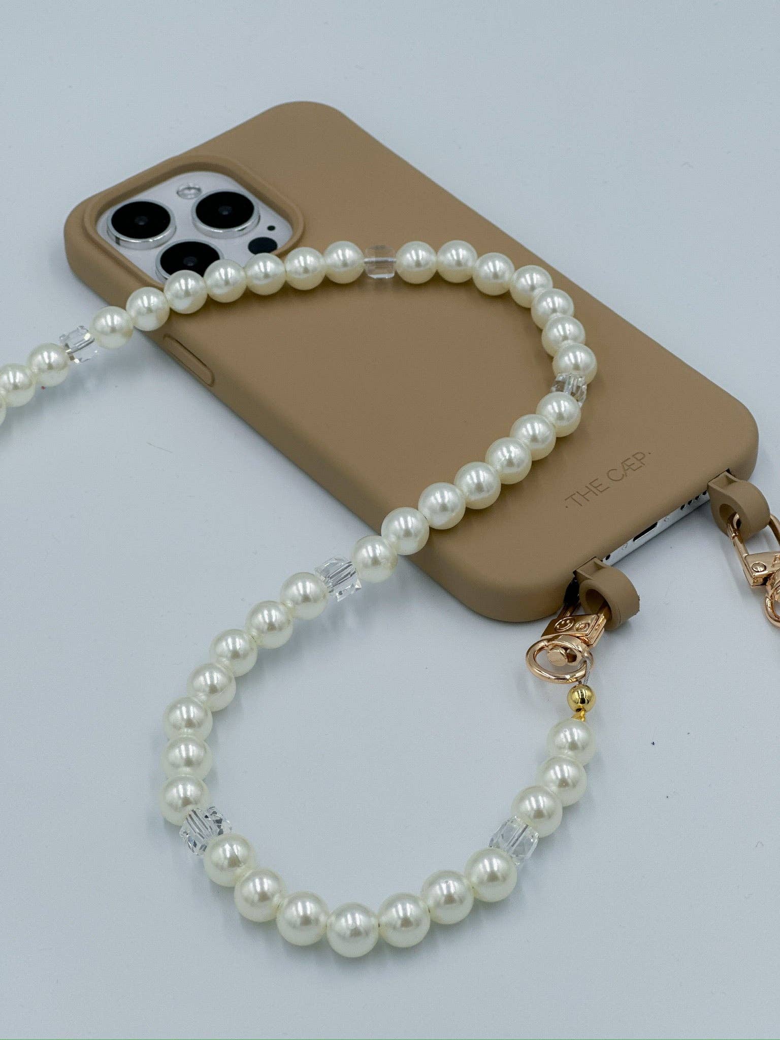 Audrey crossbody strap, pearl phone strap, gold cell phone strap, handmade phone accessory, crossbody phone strap, Cape Cod phone strap, detachable phone strap, imitation pearl strap, stylish phone accessory