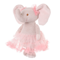 Plush elephant toy with a pink tutu on a white background