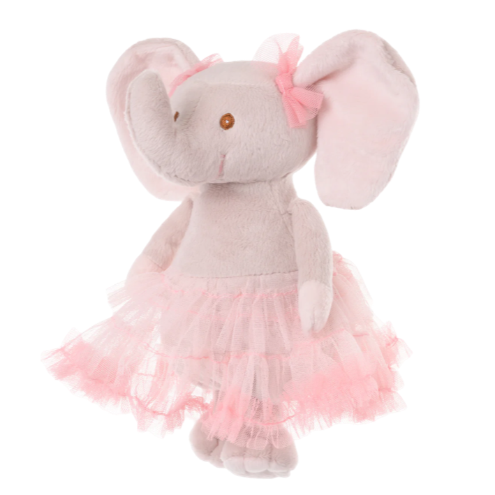 Plush elephant toy with a pink tutu on a white background