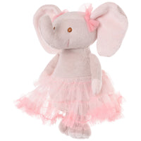 Plush elephant toy with a pink tutu on a white background