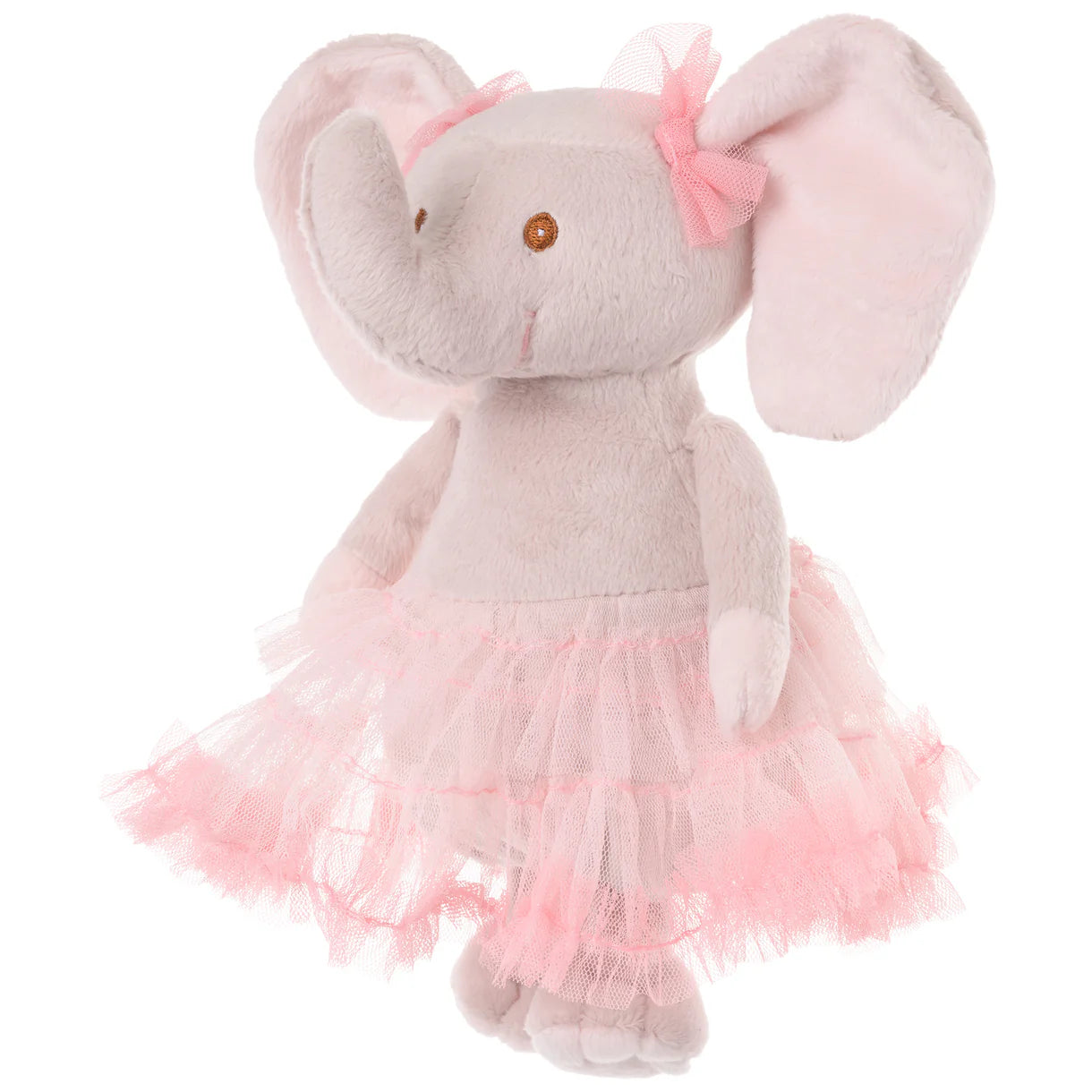Plush elephant toy with a pink tutu on a white background